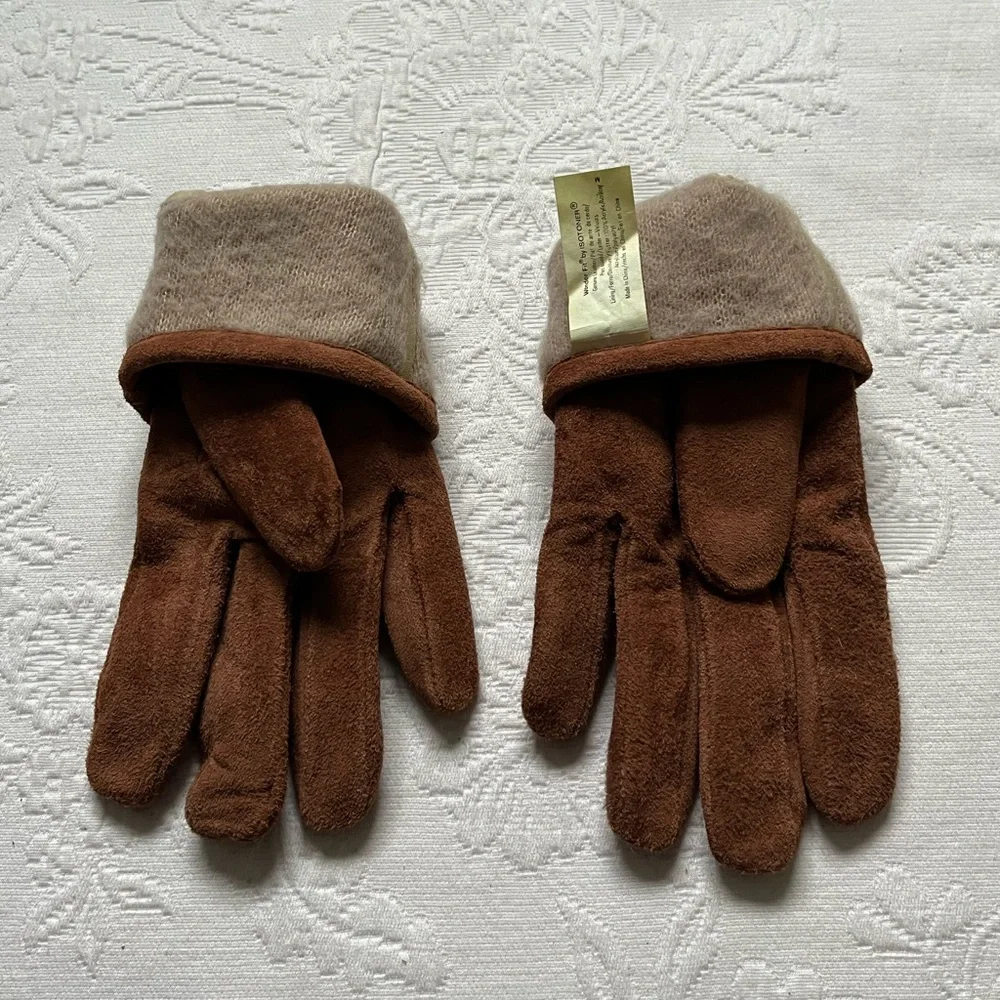 Isotoner Wonder Fit Suede Leather Gloves M Camel Brown Fleece Lined Vintage - Picture 7 of 7